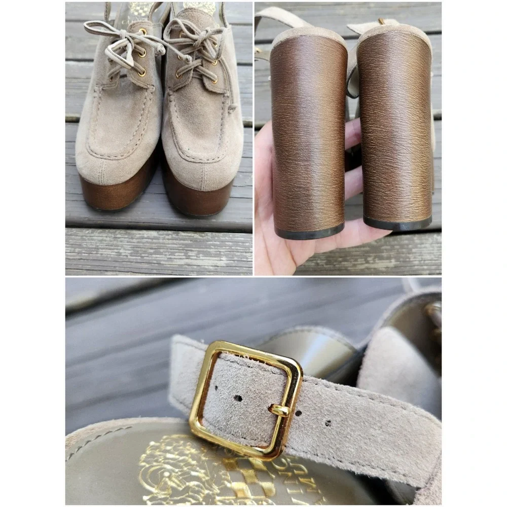 Vince Camuto Inerta Platform Sandals Tan Suede Wood Block‎ Heel Lace Up 8M